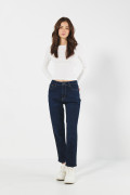 Jean mom bota recta azul intenso con tiro súper alto