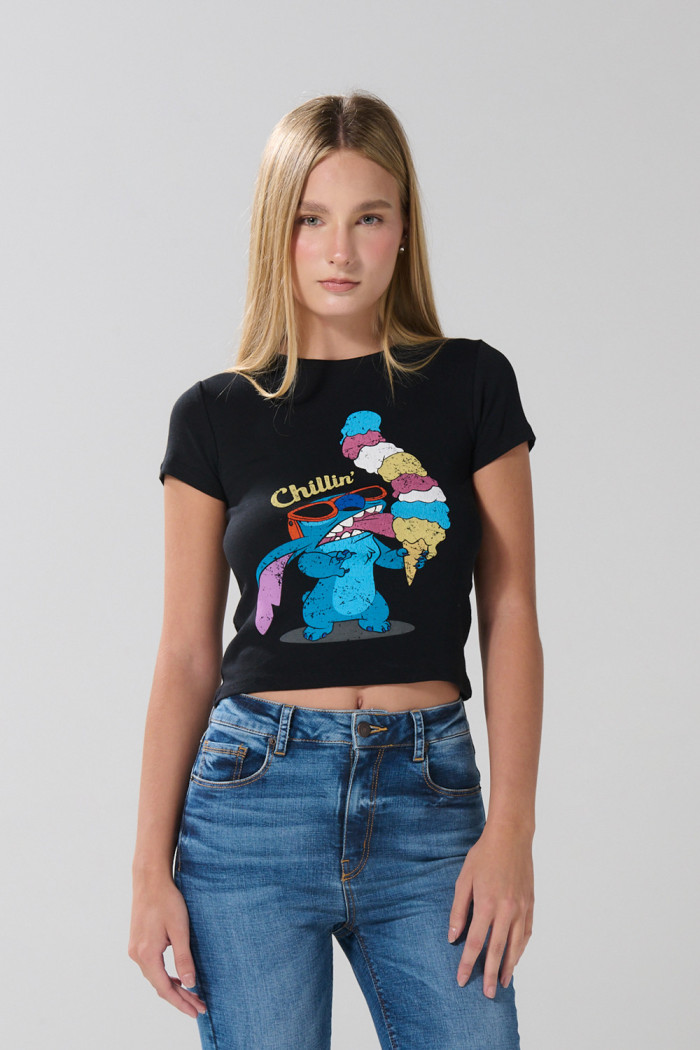 Camiseta de Lilo & Stitch ajustada negra con manga corta