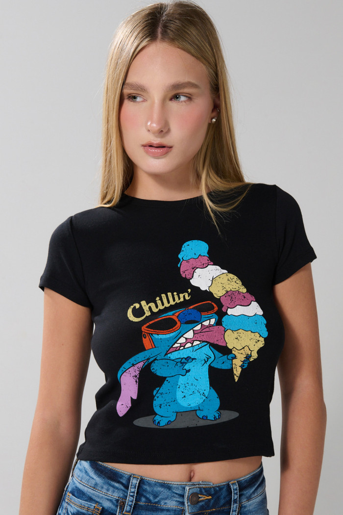 Camiseta de Lilo & Stitch ajustada negra con manga corta