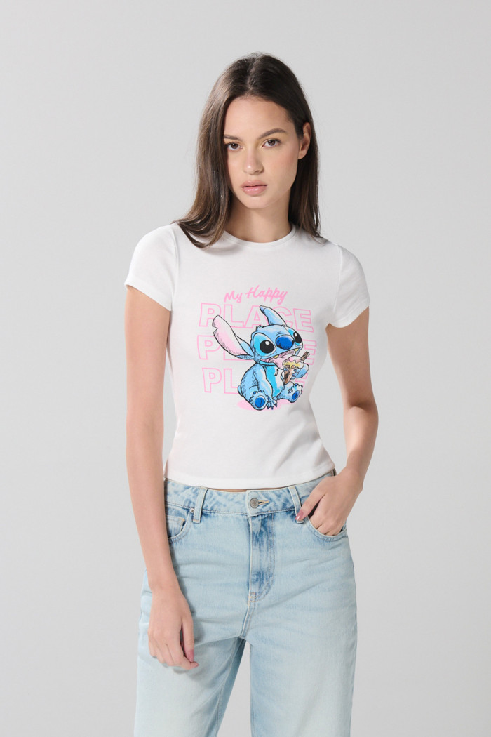 Camiseta en rib de Lilo & Stitch crema con manga corta