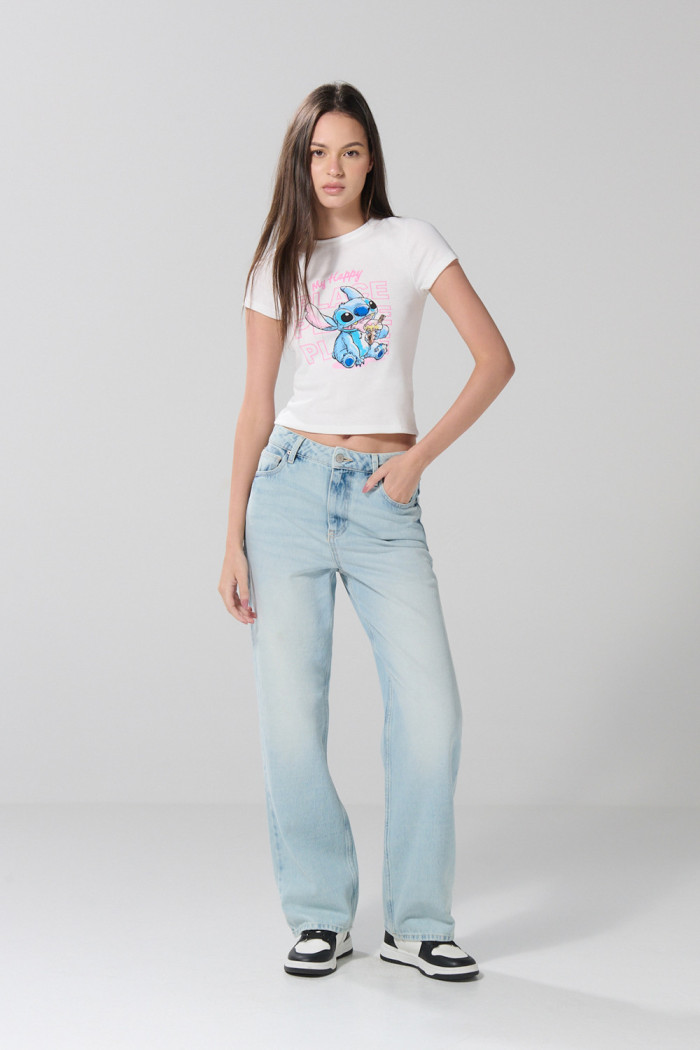 Camiseta en rib de Lilo & Stitch crema con manga corta