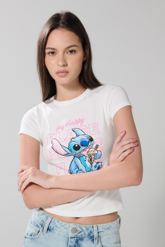 Camiseta en rib de Lilo & Stitch crema con manga corta