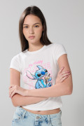 Camiseta en rib de Lilo & Stitch crema con manga corta