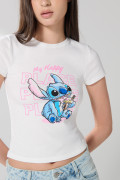 Camiseta en rib de Lilo & Stitch crema con manga corta