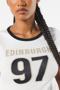 Camiseta college crema con contrastes negros y manga corta