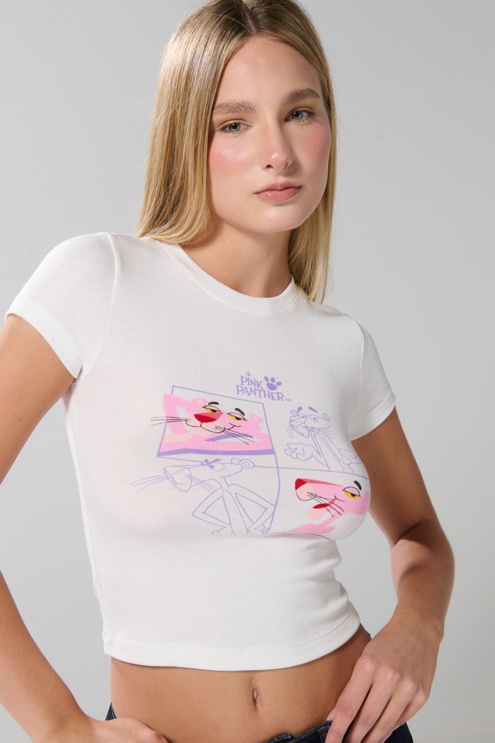 Camiseta crema clara cuello redondo de la Pantera Rosa
