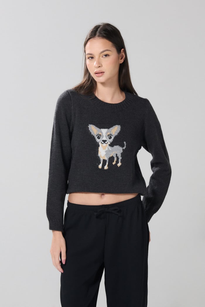 Suéter tejido negro con cuello redondo y diseño de perrito