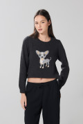 Suéter tejido negro con cuello redondo y diseño de perrito