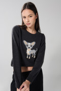 Suéter tejido negro con cuello redondo y diseño de perrito