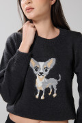 Suéter tejido negro con cuello redondo y diseño de perrito