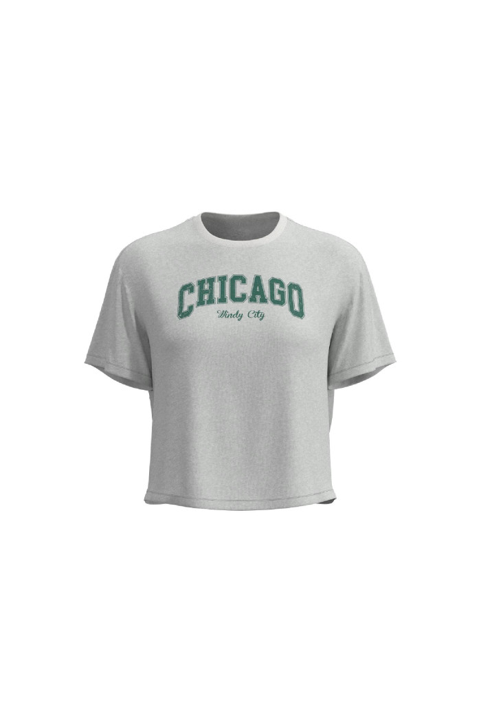 Camiseta crop top crema con diseño college delantero