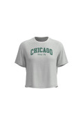 Camiseta crop top crema con diseño college delantero