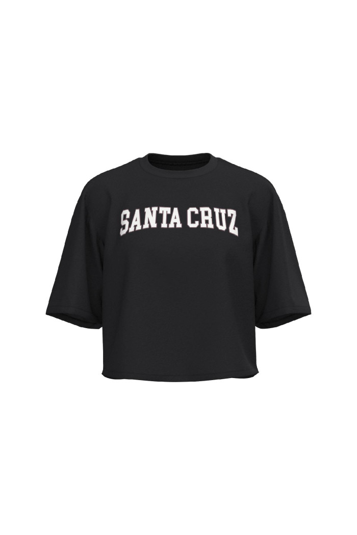 Camiseta crop top negra oversize con texto college blanco