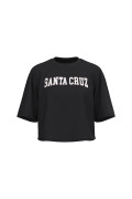 Camiseta crop top negra oversize con texto college blanco