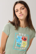 Camiseta de Plaza Sésamo en rib verde con cuello redondo