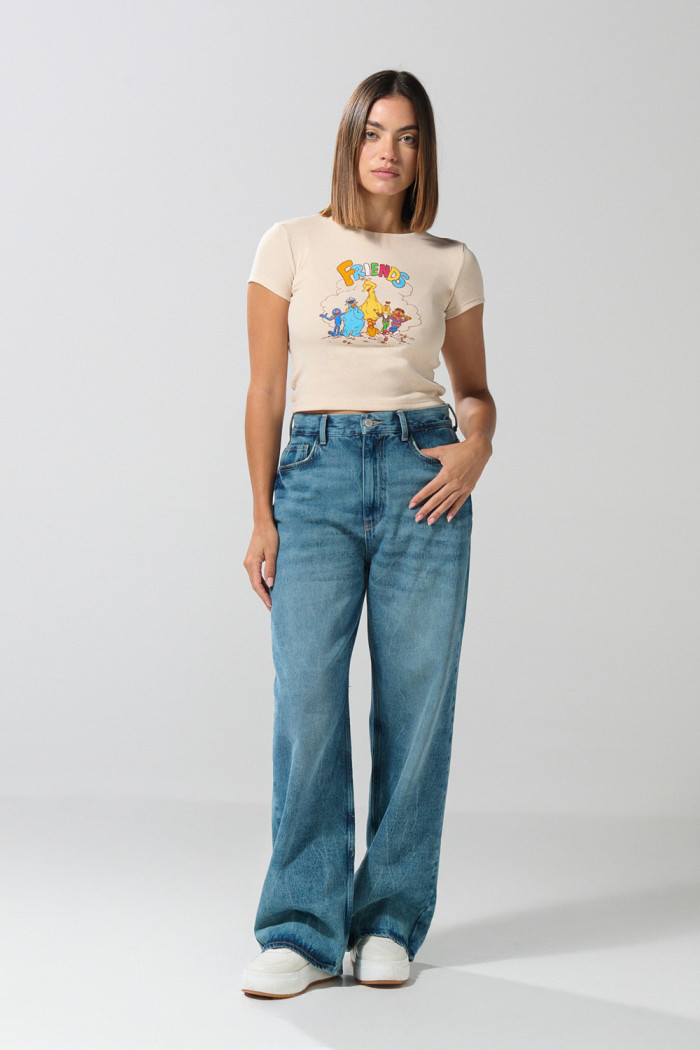 Camiseta en rib de Plaza Sésamo kaki manga corta
