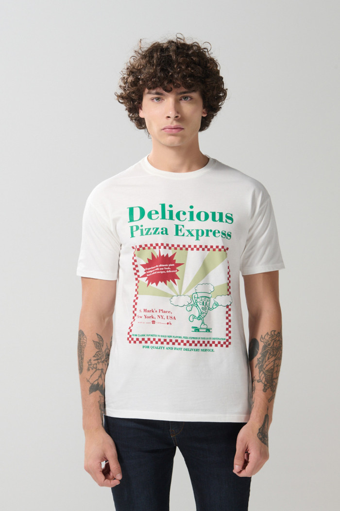Camiseta crema en algodón manga corta con arte de pizza