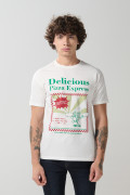 Camiseta crema en algodón manga corta con arte de pizza