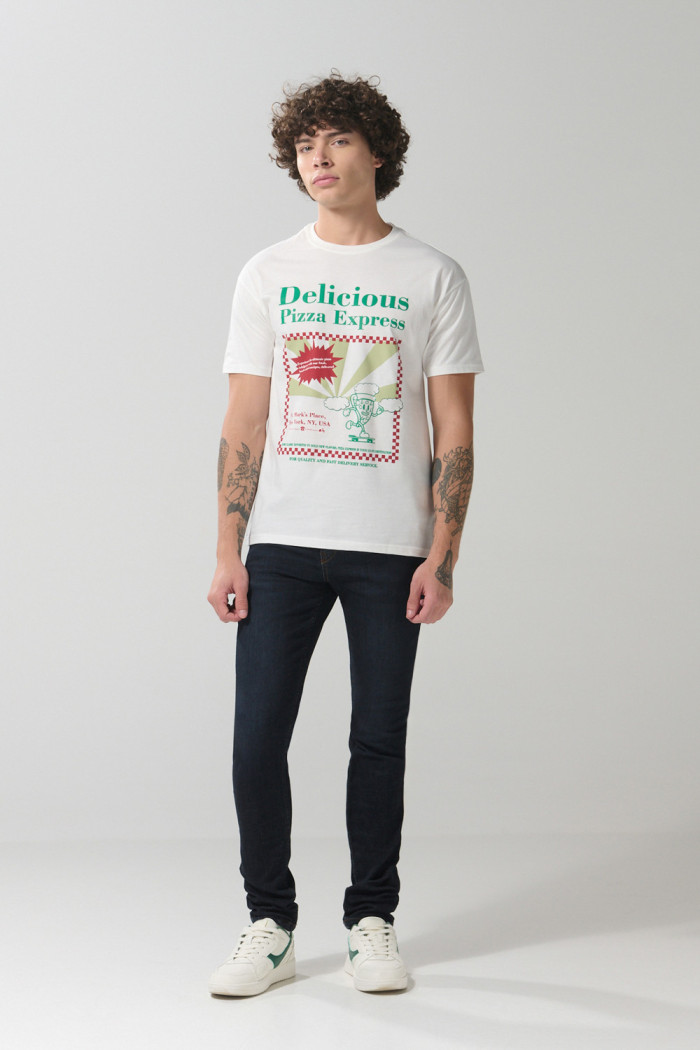 Camiseta crema en algodón manga corta con arte de pizza