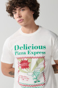 Camiseta crema en algodón manga corta con arte de pizza
