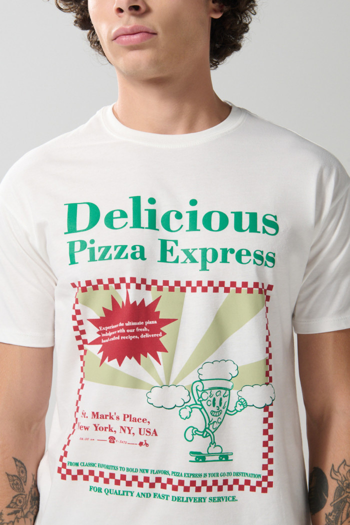 Camiseta crema en algodón manga corta con arte de pizza