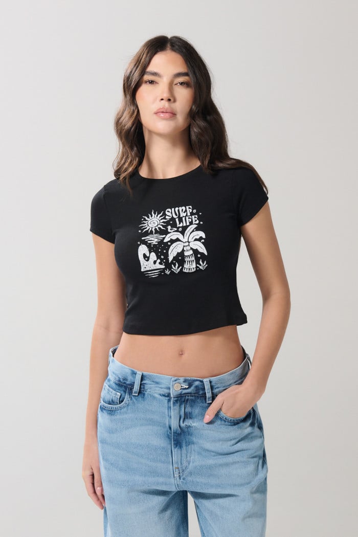 Camiseta en rib unicolor manga corta con diseño de playa