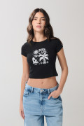 Camiseta en rib unicolor manga corta con diseño de playa