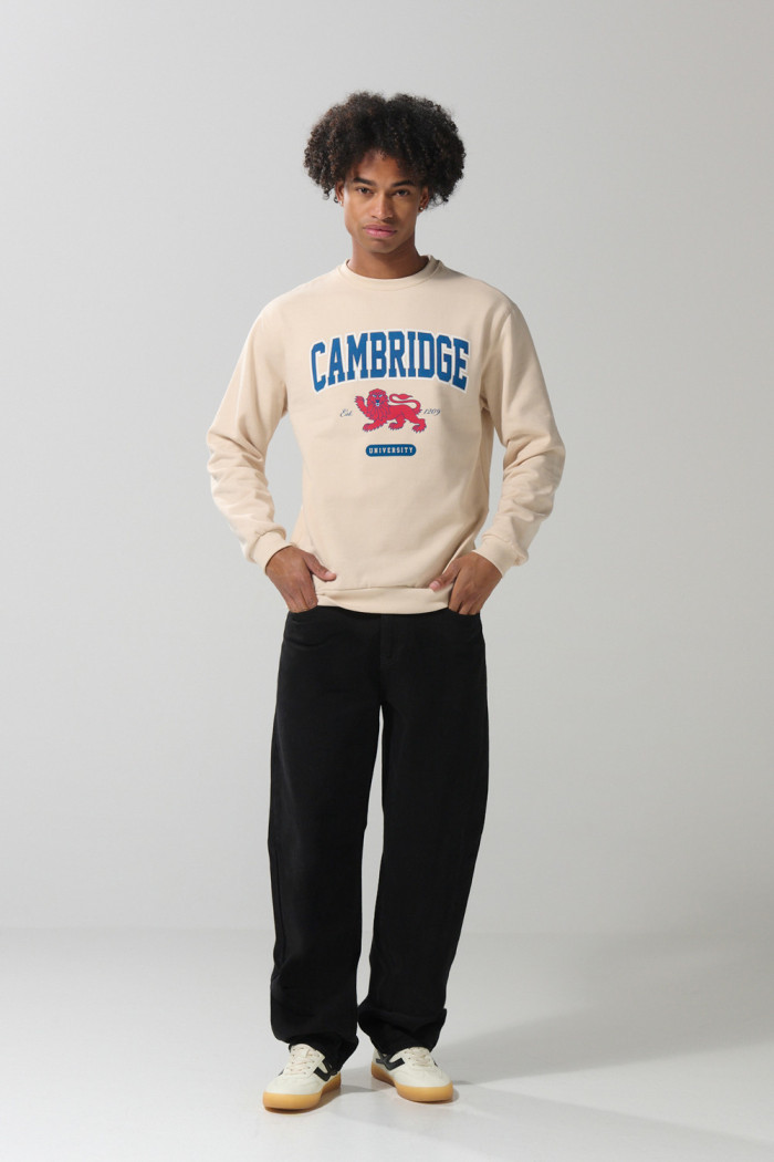 Buzo kaki claro cuello redondo con arte de Cambridge