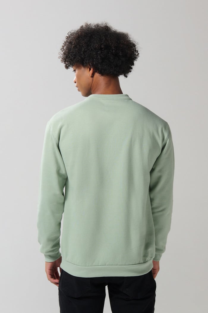 Buzo cuello redondo verde claro con diseño college