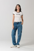 Camiseta en rib college crema manga corta con contrastes