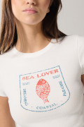 Camiseta en rib unicolor manga corta con diseño de comida