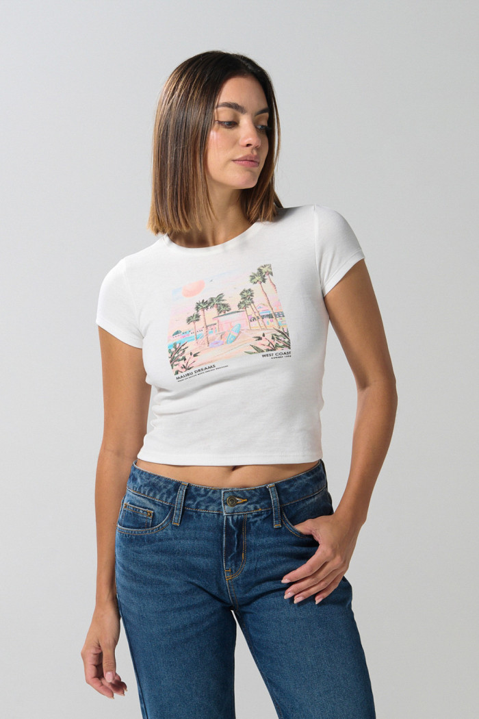 Camiseta unicolor con diseño de paisaje y manga corta en rib