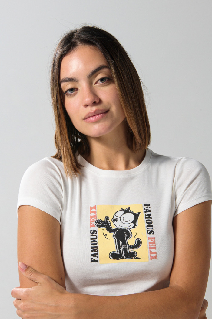Camiseta en rib de Félix el Gato crema manga corta
