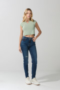 Jean azul oscuro jegging con rotos y tiro súper alto