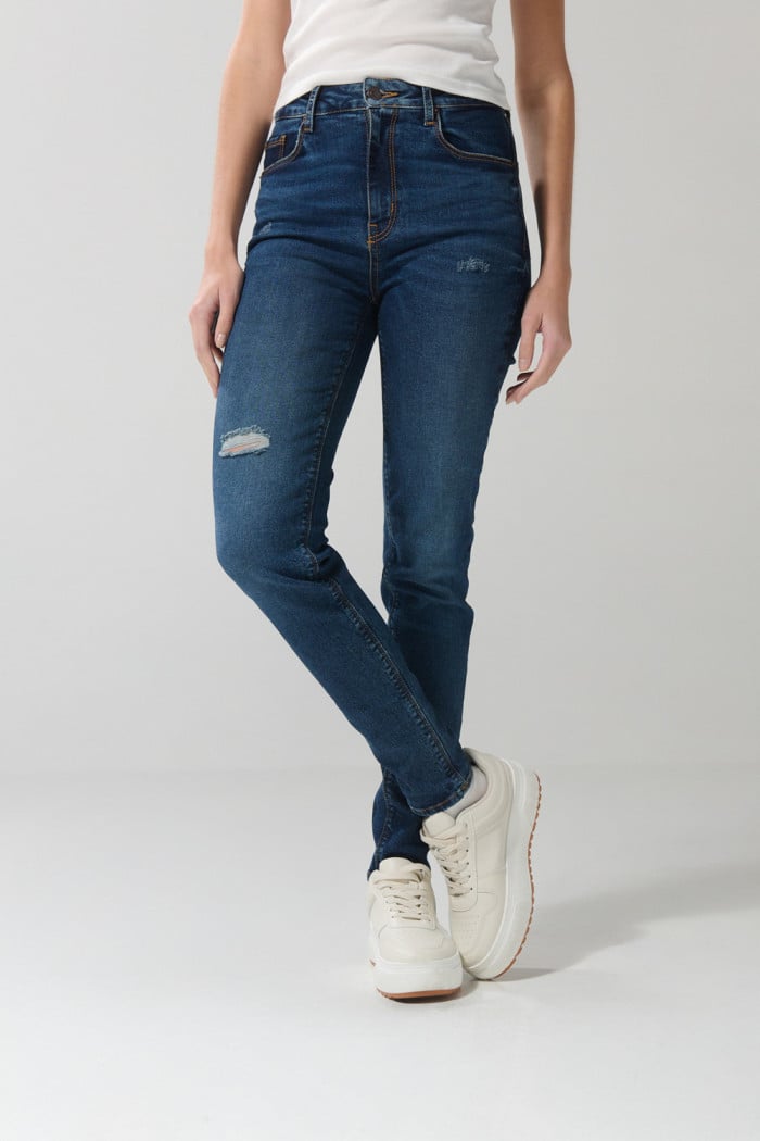 Jean tiro súper alto jegging azul oscuro con rotos en frente