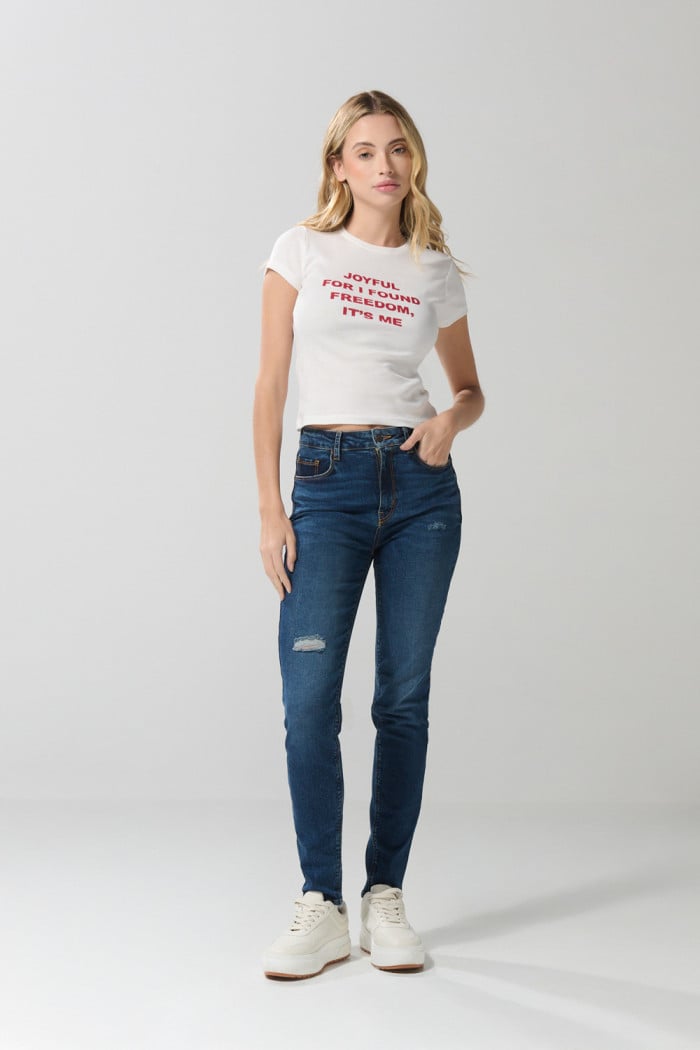 Jean tiro súper alto jegging azul oscuro con rotos en frente
