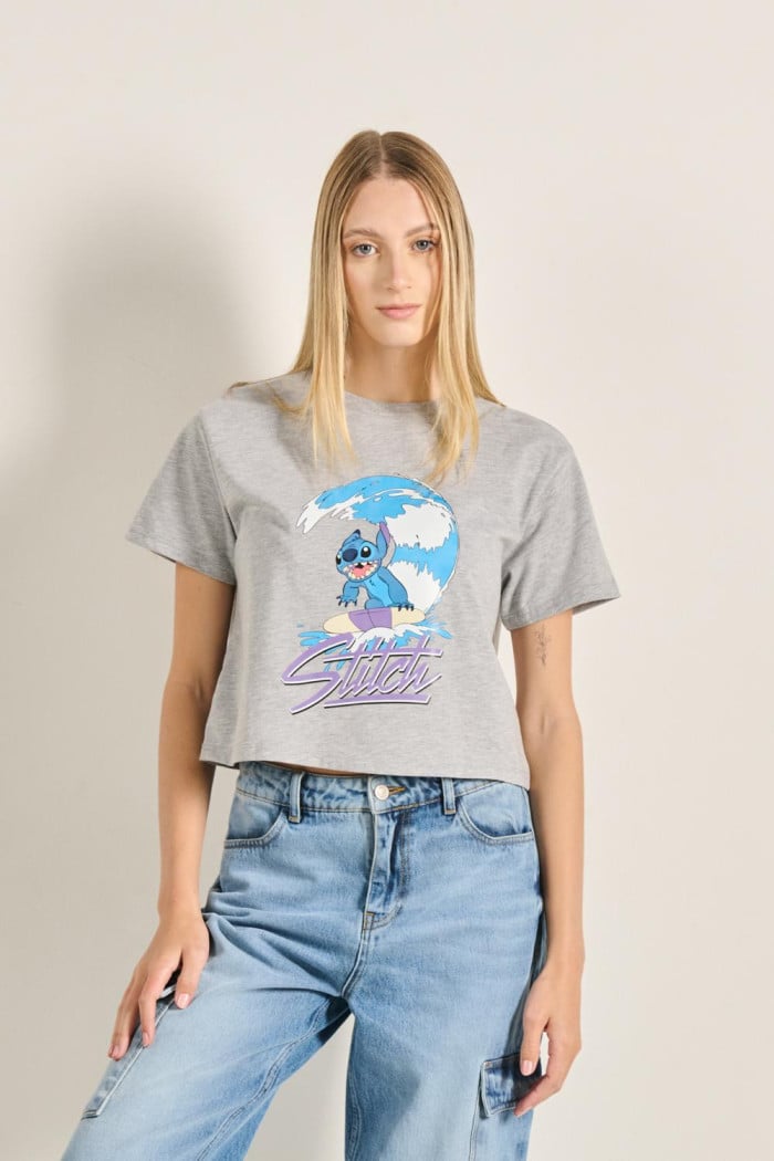 Camiseta crop top unicolor en algodón con diseño de Stitch