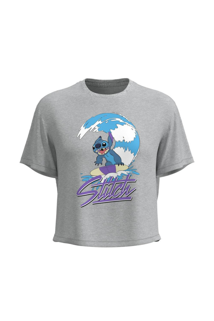 Camiseta crop top unicolor en algodón con diseño de Stitch