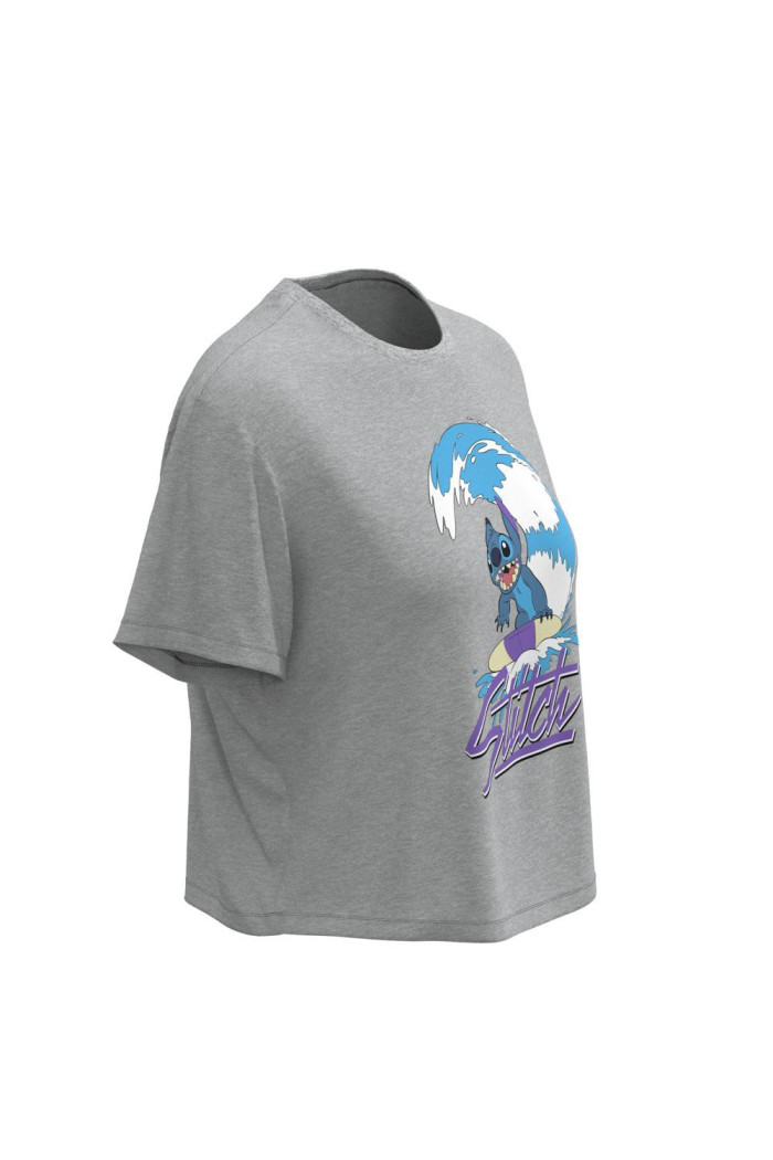 Camiseta crop top unicolor en algodón con diseño de Stitch