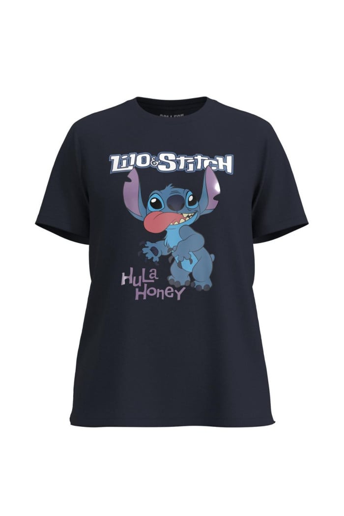 Camiseta unicolor con cuello redondo y diseño de Stitch