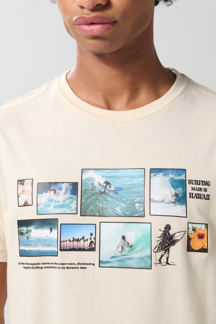 Camiseta en algodón kaki manga corta con arte de playa