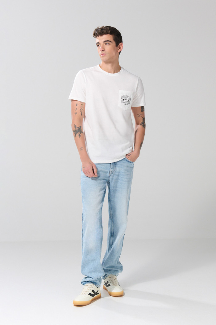 Camiseta college crema clara manga corta con bolsillo
