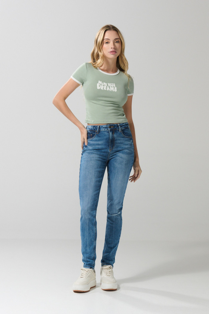 Jean tiro alto jegging azul claro con rotos y desgastes