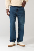 Jean baggy azul oscuro tiro medio con bota ancha y bolsillos