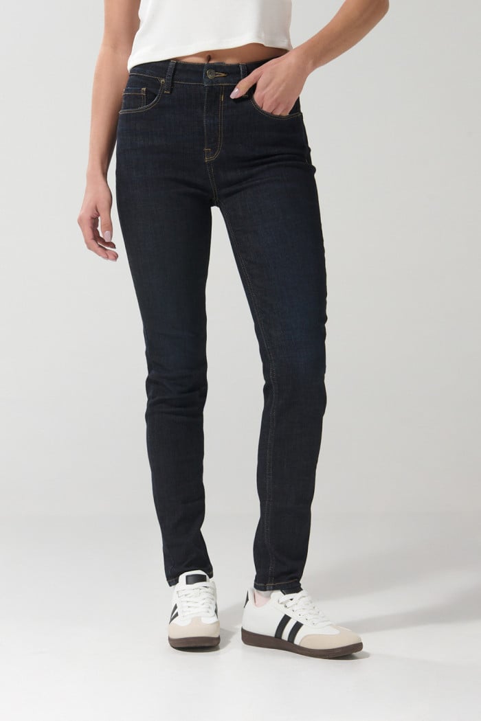 Jean tiro alto jegging azul intenso ceñido con cremallera