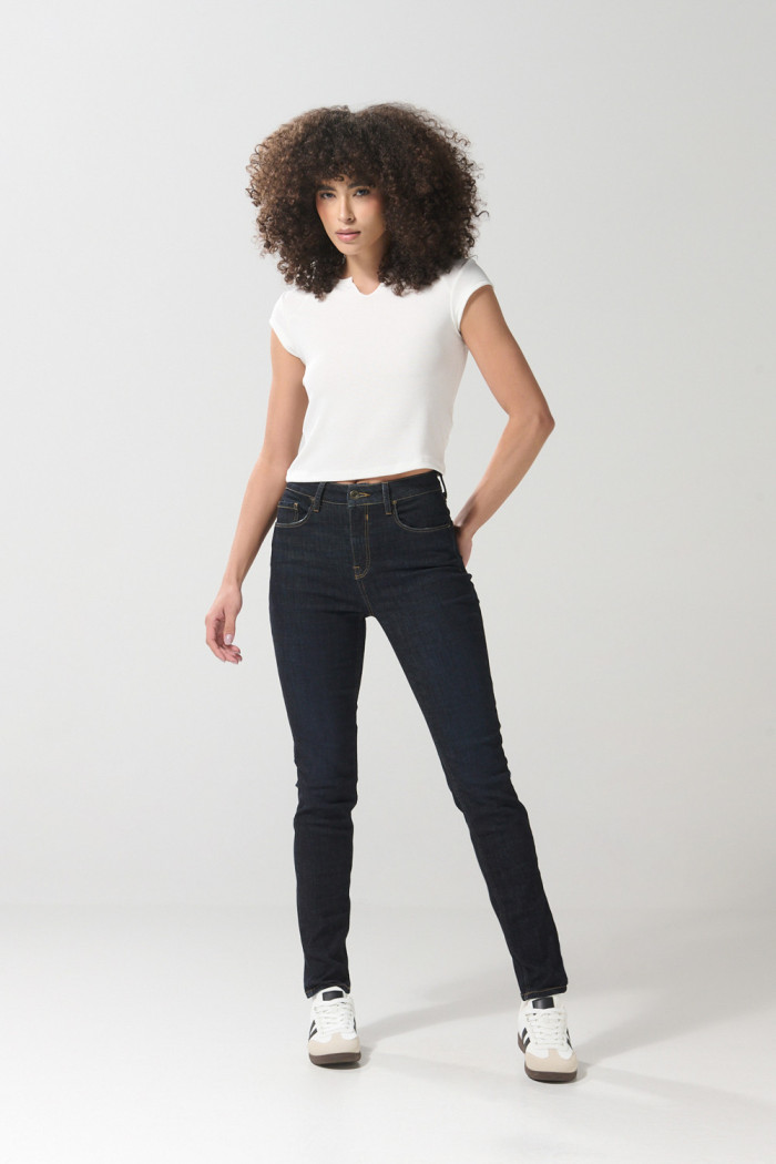 Jean tiro alto jegging azul intenso ceñido con cremallera