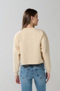 Buzo kaki claro crop top con estampado college en frente