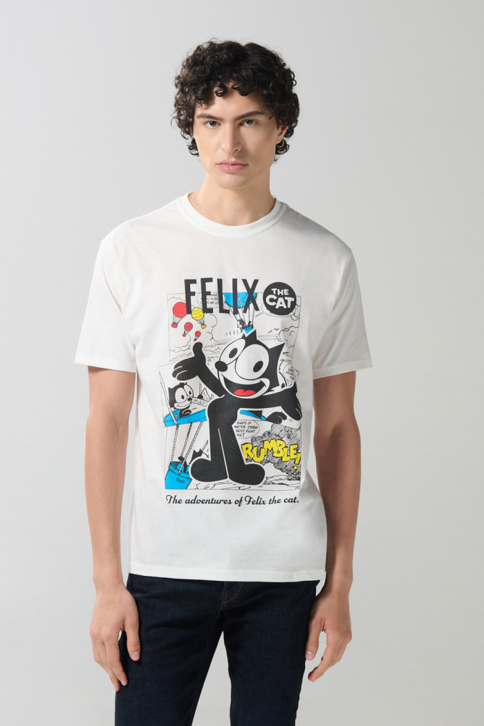 Camiseta crema clara manga corta con arte de Félix el Gato