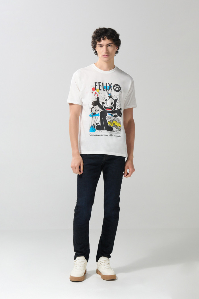 Camiseta crema clara manga corta con arte de Félix el Gato