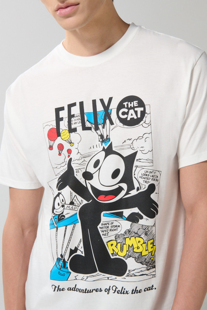 Camiseta crema clara manga corta con arte de Félix el Gato